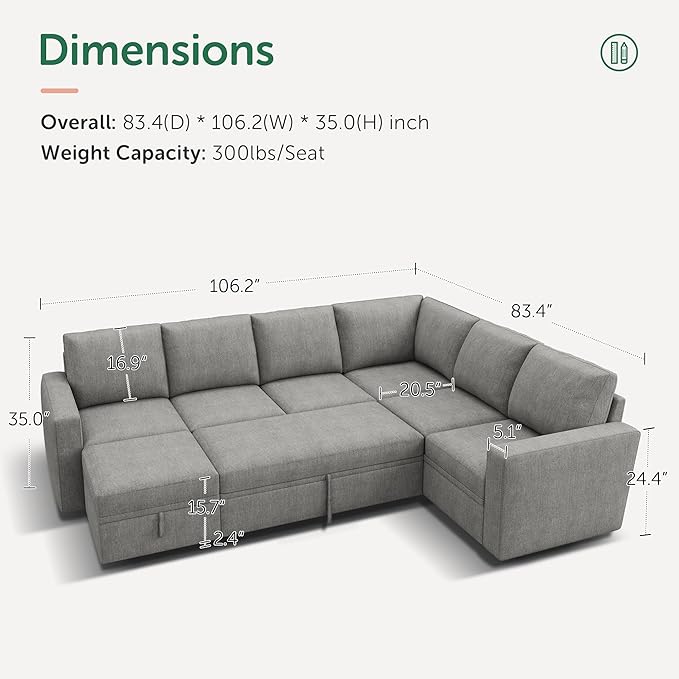 HONBAY Modular Sectional Sleeper Sofa with Pull Out Bed, Chenille Sectional Couch with Storage Seats Ottoman, U Shaped Couches for Living Room, Warm Grey