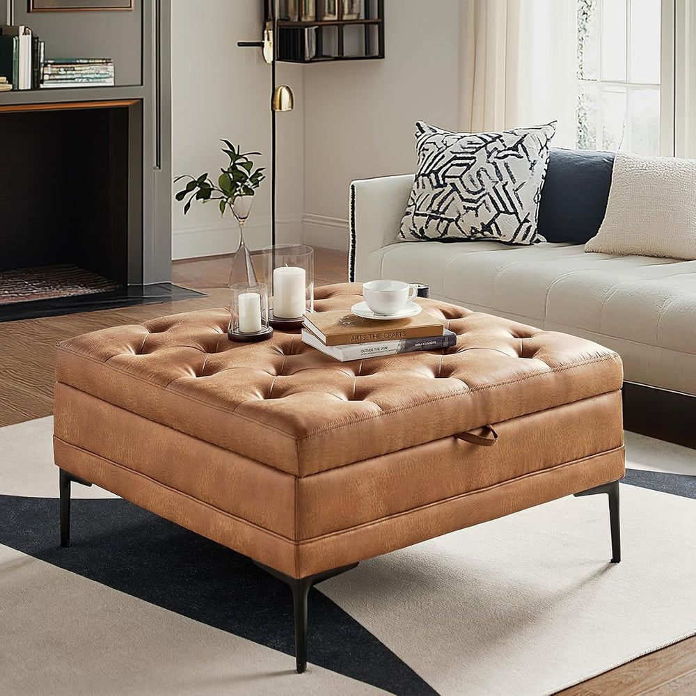 HULALA HOME Tufted Faux Leather Coffee Table, Camel | 36.5" Square Stora...