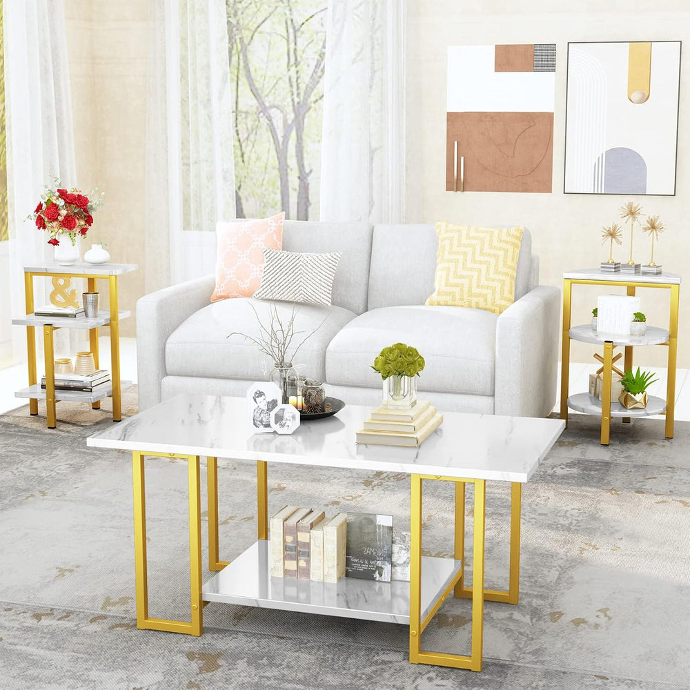 Coffee Table Set of 3, Faux Marble Coffee Table & 2pcs End Table with Met...