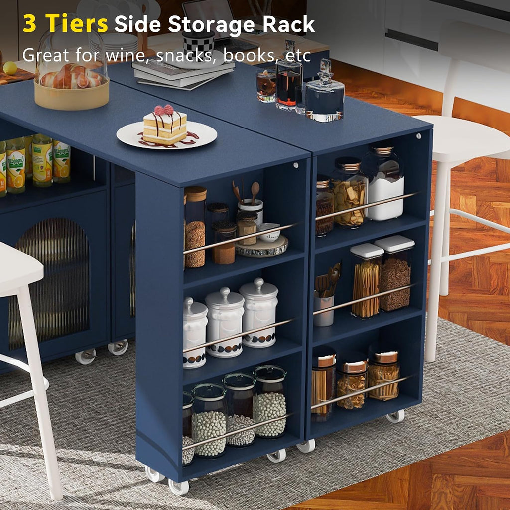 Rolling Kitchen Island Set with Extended Table, LED Lights, Power Outlets, 2 Fluted Glass Doors, a Storage Compartment, Side 3 Open Shelves for Dining Room Kitchens Living Room Navy