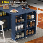 Rolling Kitchen Island Set with Extended Table, LED Lights, Power Outlets, 2 Fluted Glass Doors, a Storage Compartment, Side 3 Open Shelves for Dining Room Kitchens Living Room Navy