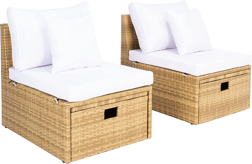 SAFAVIEH Outdoor - Pramla Settee and Ottoman Set - Natural & White - Stee...