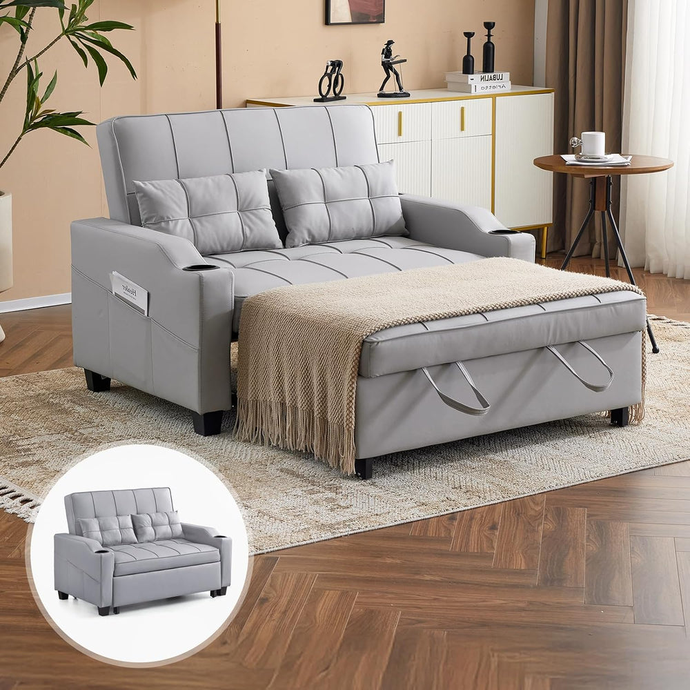 VINGLI Light Grey Futon Sofa Bed Convertible Loveseat Sleeper Couch, Faux Lea...