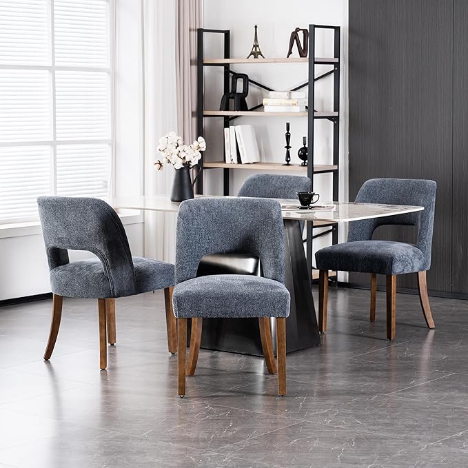 VKNOW Wooden Dining Chairs Set of 4, Modern Fabric Upholstered Dining Room Chair Kitchen Chairs, Farmhouse Dinner Chair for Kitchen Dining Room, Navy