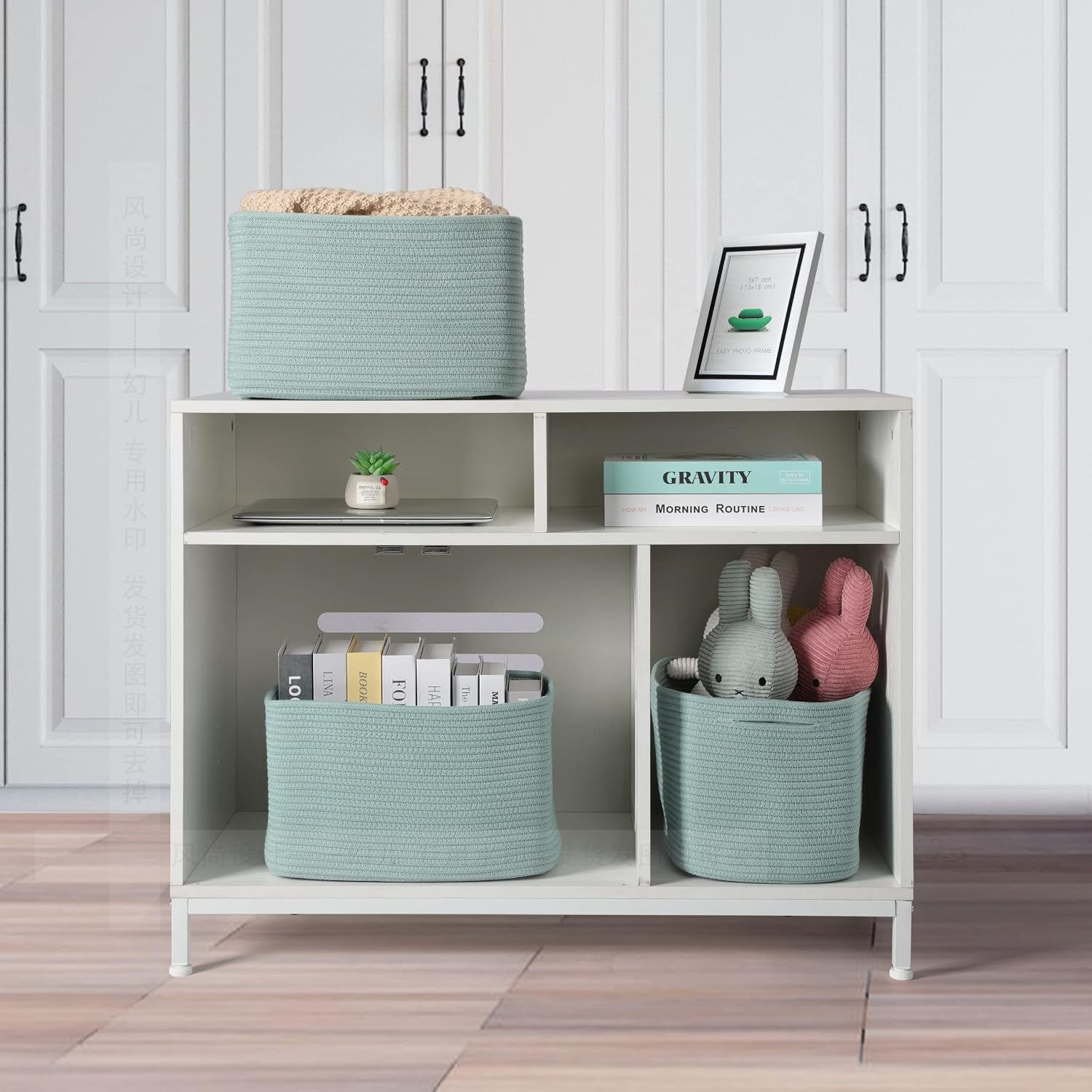 XUANGUO Woven Cotton Rope Storage Baskets 15x10x9.3" 3 Pack Green | Decorative rectangular storage baskets for shelves and closets; storage bins organize clothes, toys, books and nursery items.