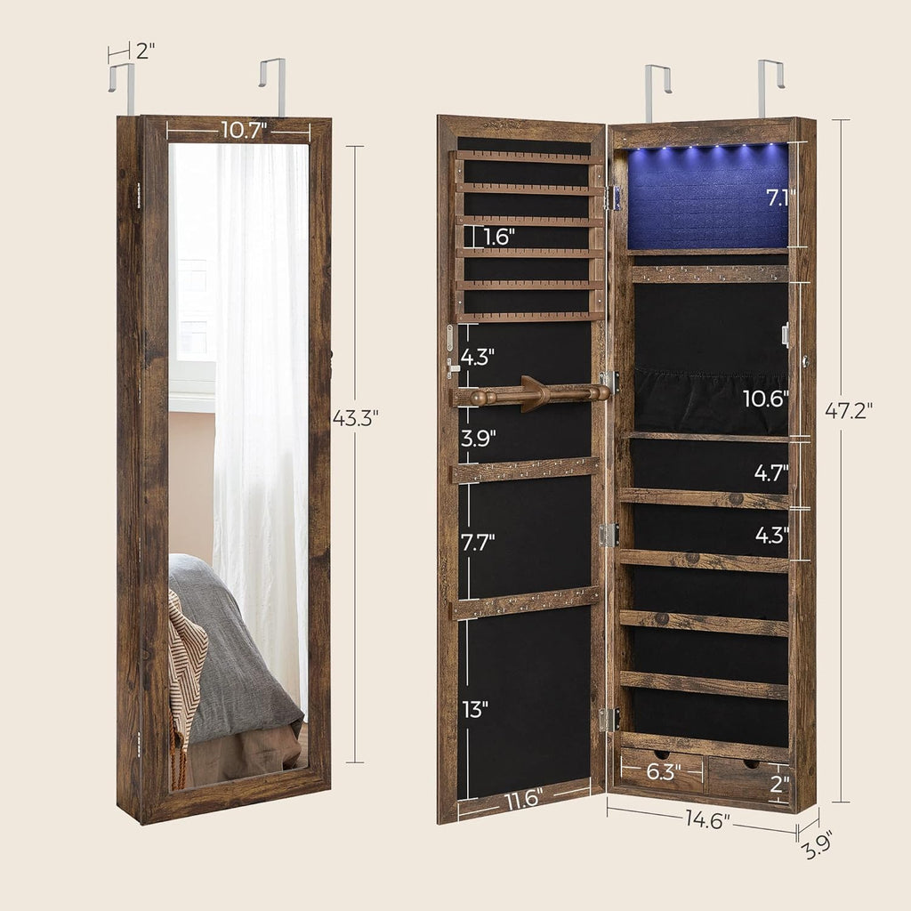 SONGMICS 6 LEDs Mirror Jewelry Cabinet, 47.2-Inch Tall Lockable Wall or Door Mounted Jewelry Armoire Organizer with Mirror, 2 Drawers, Christmas Gift, 3.9 x 14.6 x 47.2 Inches, Rustic Brown