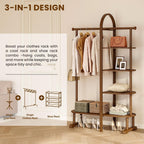 41.3" Wide 3-in-1 Freestanding Clothing Rack, Wooden Coat Rack with 4 Shelves and 5 Hooks, Solid Rubber Wood Coat Rack with Shelves for Entryway, Bedroom, Living Room, Walnut