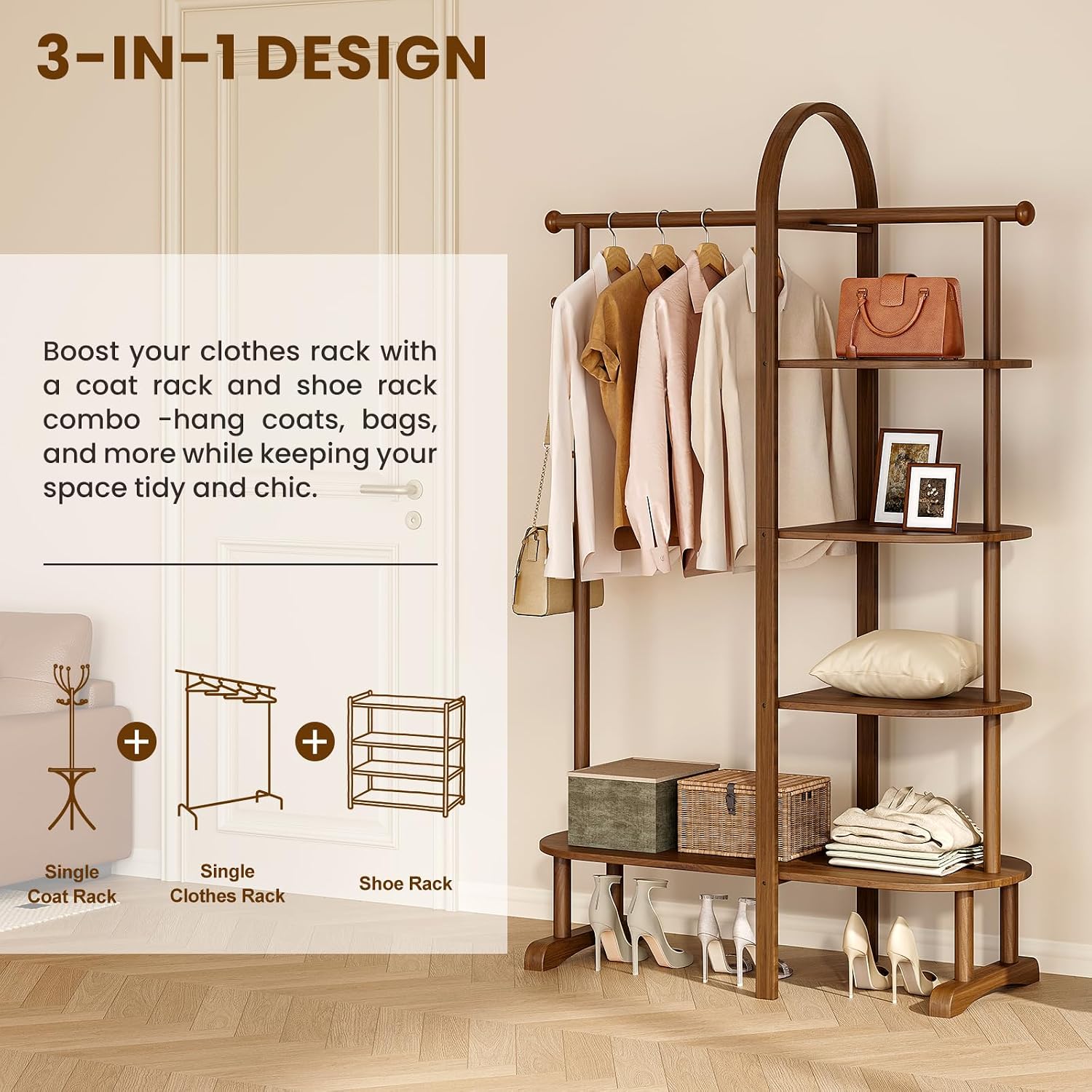 41.3" Wide 3-in-1 Freestanding Clothing Rack, Wooden Coat Rack with 4 Shelves and 5 Hooks, Solid Rubber Wood Coat Rack with Shelves for Entryway, Bedroom, Living Room, Walnut