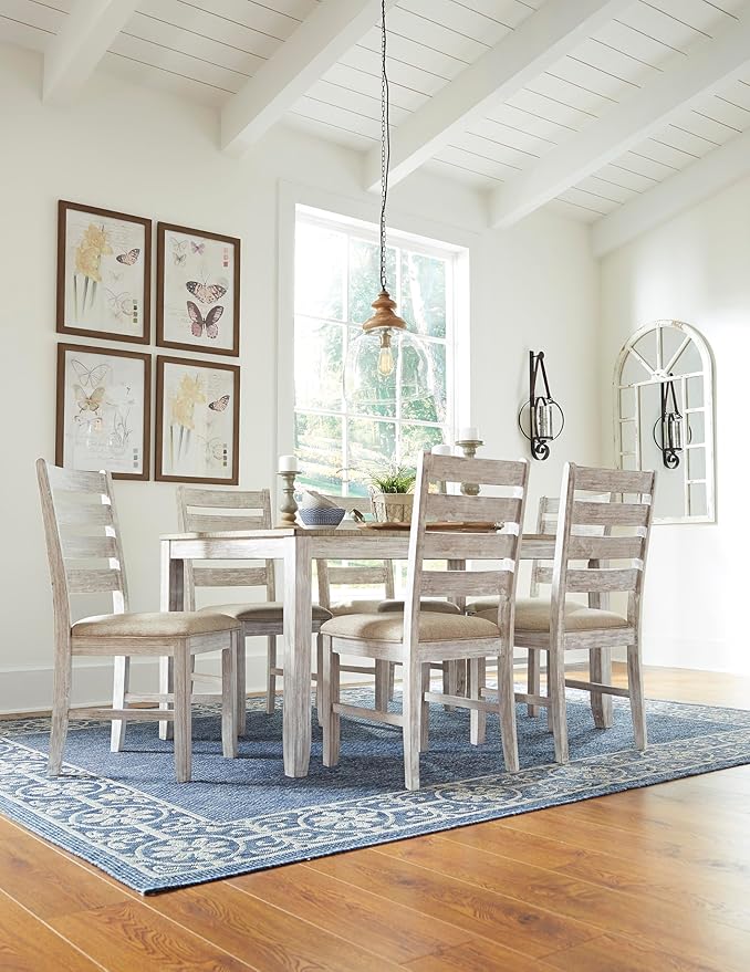 Signature Design by Ashley Skempton Cottage Dining 7 Piece Set – Rectangular Table & 6 Upholstered Chairs | Coastal Chic Meets Farmhouse, Whitewash