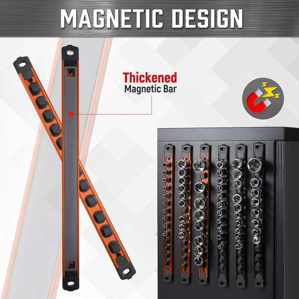 ALOANES 3-Piece Magnetic Socket Organizer, Heavy Duty Aluminum Socket Rails Organizer, 360° Swivel Clips Socket Holder Kit for Tool Box, 1/2-Inch Socket Holder x 36 Clips (Orange)
