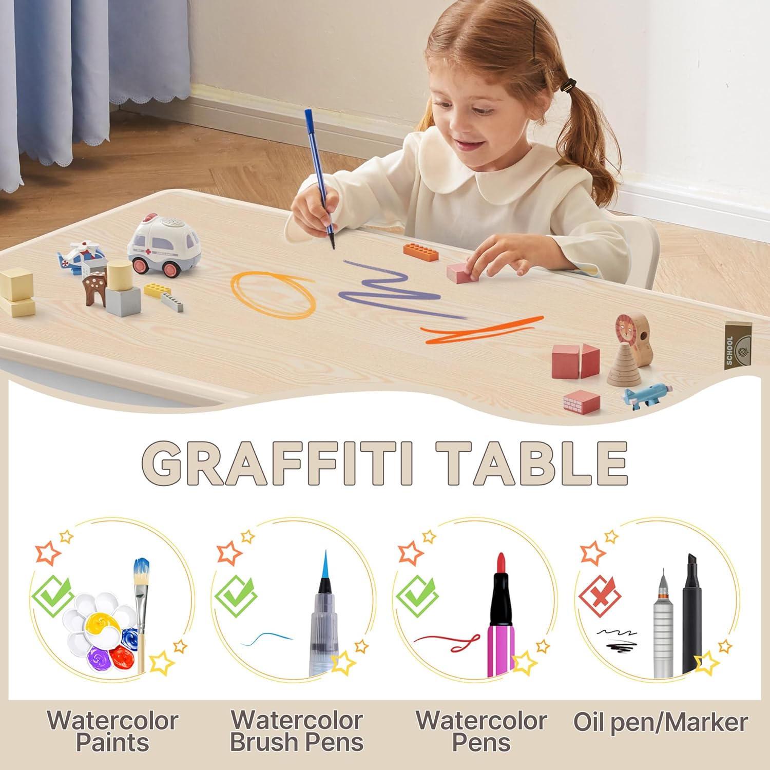 GITAWUSA Kids Study Table and Chairs Set, Height Adjustable Toddler Table and Chair Set for Kids Ages 3-8, 23.6" L x 23.6" W Graffiti Desktop Plastic Children Art Table with 4 Seats, Burlywood