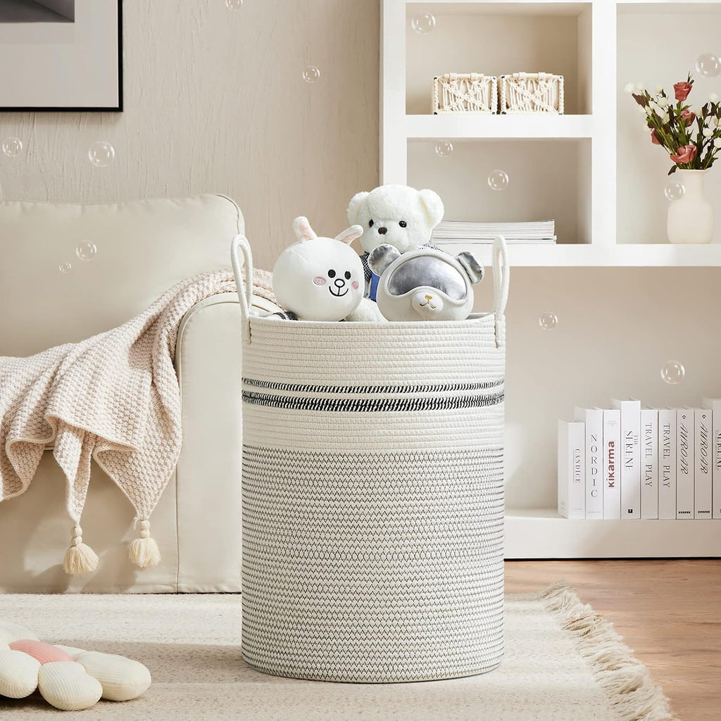 VIPOSCO Large Laundry Hamper, Tall Woven Rope Storage Basket for Blanket, Toys, Dirty Clothes in Living Room, Bathroom, Bedroom - 100L Stripe White