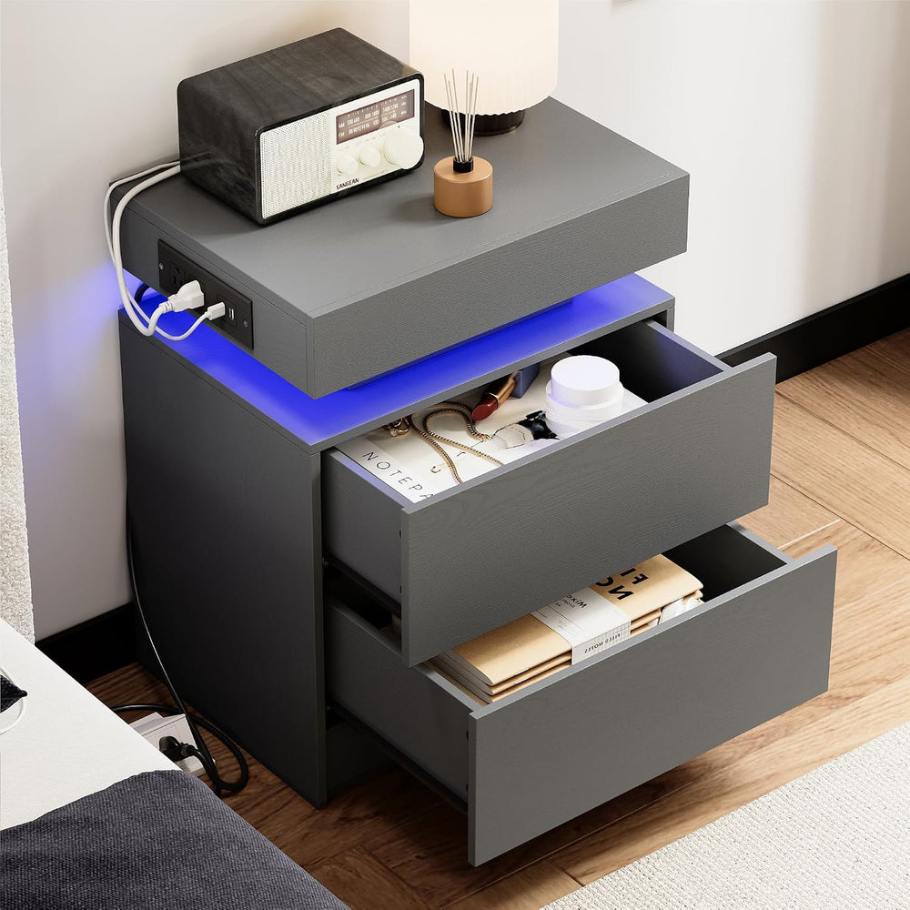 LIKIMIO Nightstand with Charging Station LED Light and 2 Drawers Grey | charg...