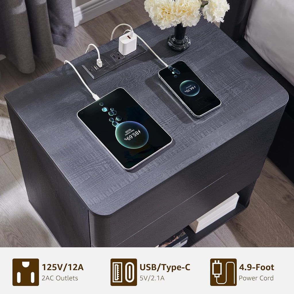 ACCOHOHO Nightstand with Charging Station, 22" Push-to-Open Bedside Table with 2 Storage Drawers, Large Modern End Table for Bedroom,Black