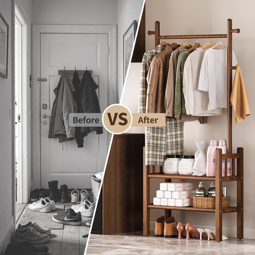 Solid Wood Clothing Rack with Shelves - Coat Rack Freestanding with 6 Hooks L...