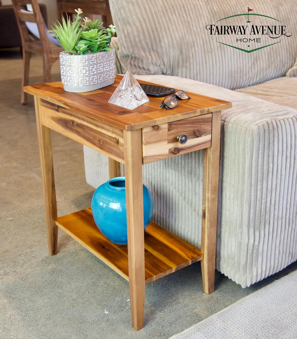2-Tier Solid Acacia Recliner Table w/Drawer (Natural)