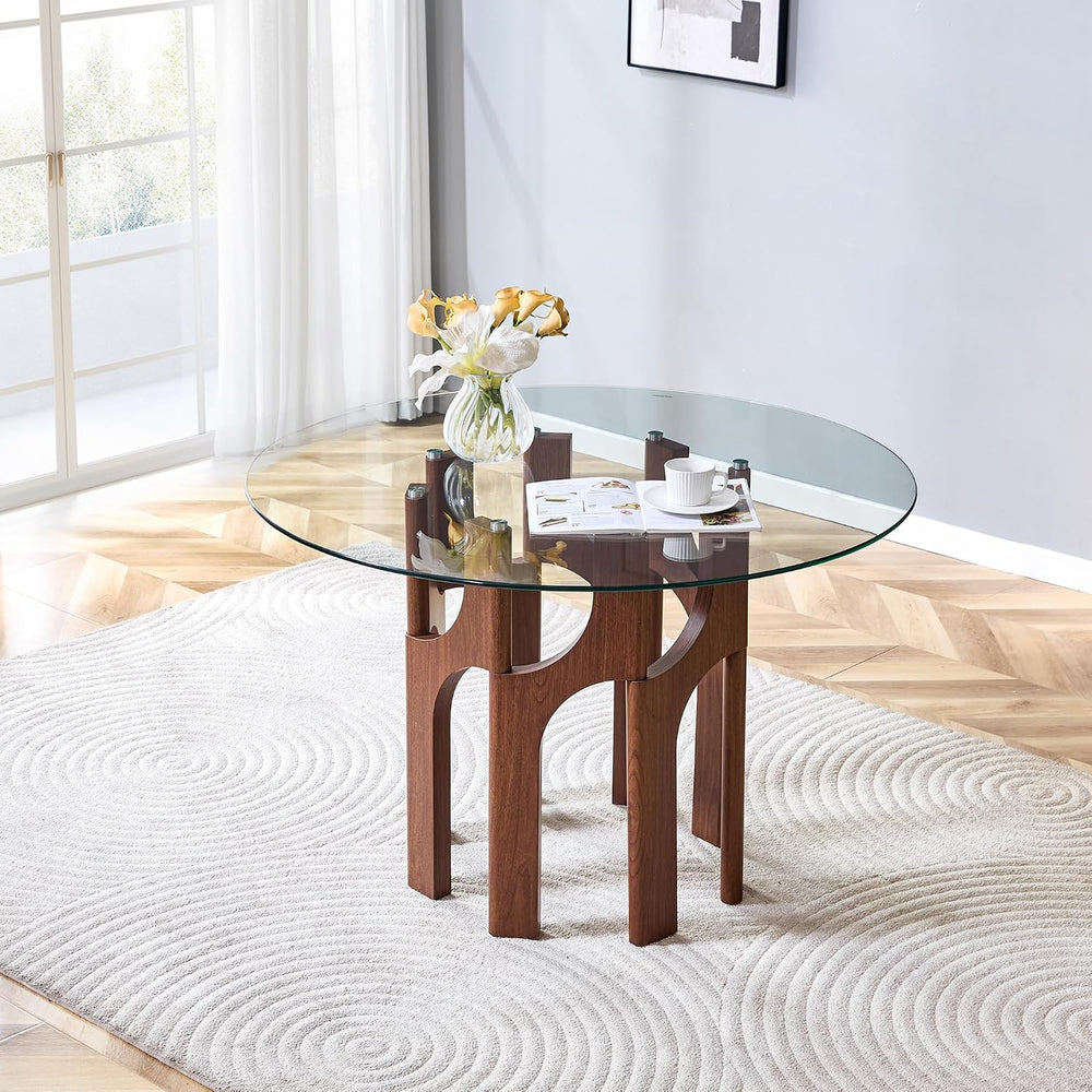 46" Round Tempered Glass Dining Table for 4-6, Mid-Century Modern Glass ...