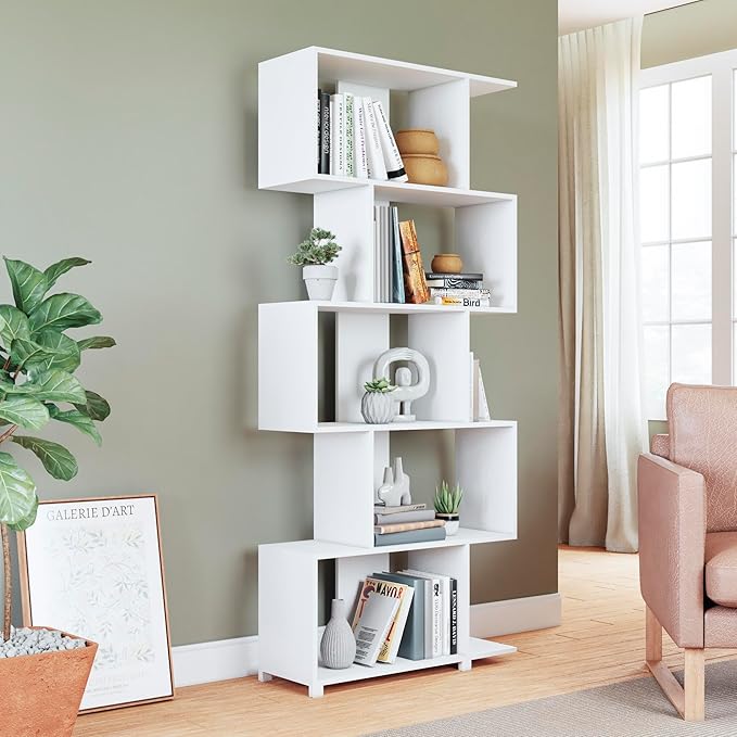 Manhattan Comfort Petrolina Bookshelf with 5 Zig-Zag Cubbies & Open Shelves, Unique Mid Century Modern Bookcase, Ideal for Living Room, Office, Bedroom, Display Ornaments, Trophies, Photos, White