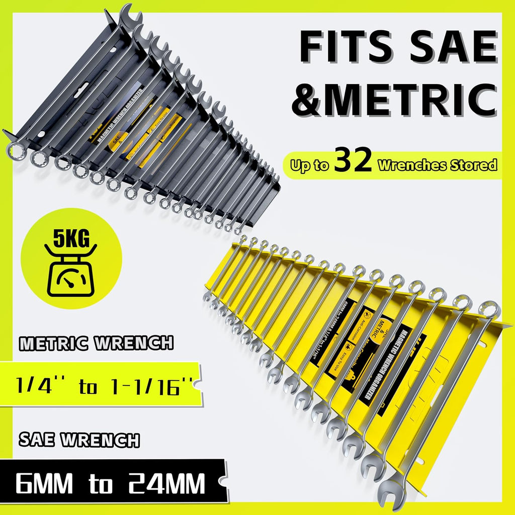 KJE 2Pack Magnetic Wrench Organizer, 32-Slot Wrench Rack Tool Trays, Magnetic Wrench Set Holder SAE(1/4" - 1-1/16") and Metric(6MM-24MM)