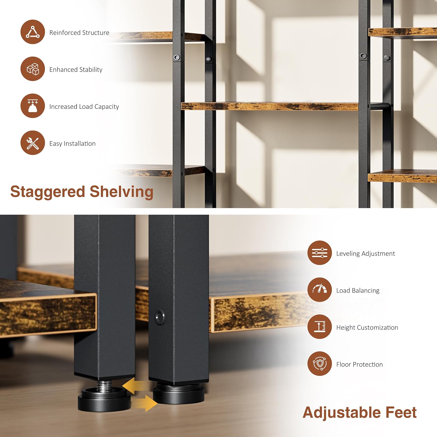 Shintenchi Triple Column 5 Tier Bookshelf, Industrial Large Bookcase Display Shelves, Large Etagere Bookshelf,Wide Book Shelf Book Case for Home & Office, Rustic Brown