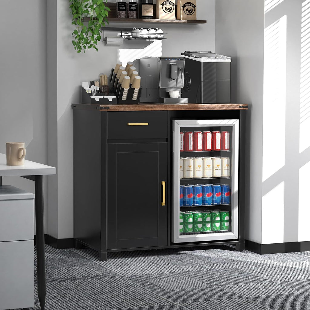 GDLF Coffee Bar Cabinet with Fridge Space, Mini Fridge Stand,Black | Compact Refrigerator Stand, Large Drawer & Cabinet, Black Finish with Warm Brown Top for Kitchen, Office, Dorm & Snack Bar