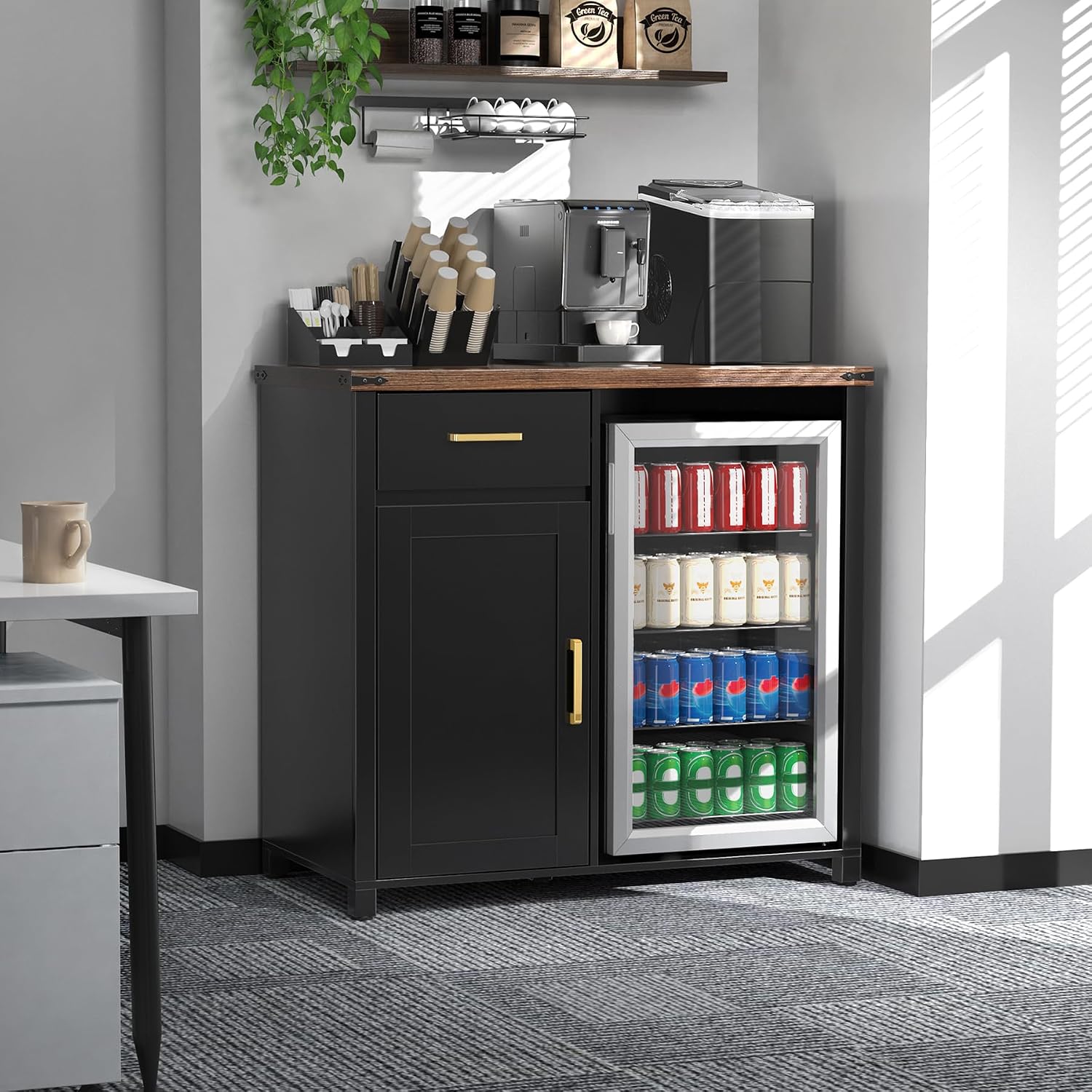 GDLF Coffee Bar Cabinet with Fridge Space, Mini Fridge Stand,Black | Compact Refrigerator Stand, Large Drawer & Cabinet, Black Finish with Warm Brown Top for Kitchen, Office, Dorm & Snack Bar