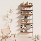 7 Tier Industrial Ladder Shelf Bookcase, Wall Mounted Rustic Bookshelf for Living Room Decor and Storage (Walnut Color, 7 Tier - 10" D x 36" W x 95.5" H)