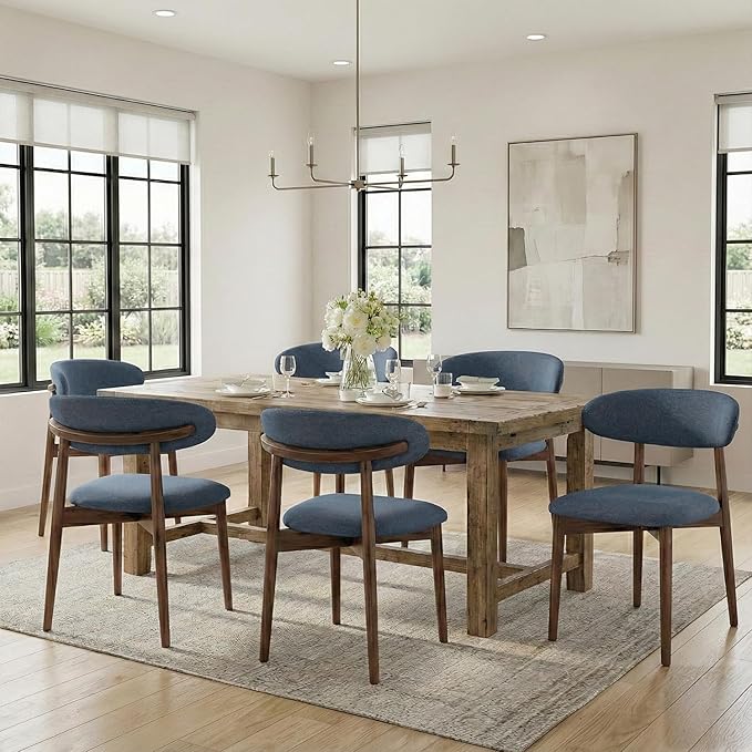 Dining Room Chairs Set of 6, Upholstered Farmhouse Dining Chairs, Modern Fabric Kitchen Chairs with Solid Wood Leg,Blue