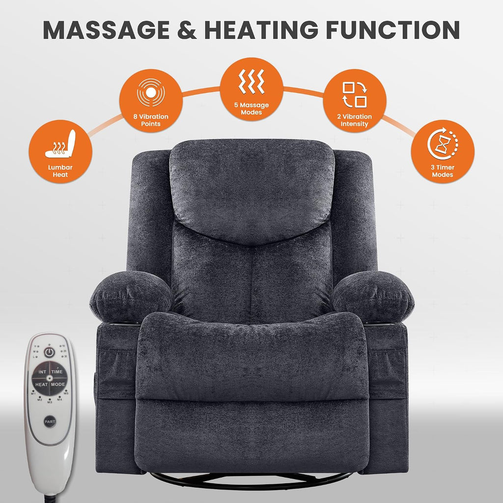 Swivel Recliner Chair for Adults,Oversized Rocker Recliner with Massage and Lumbar Heat,Rocking Chair with Side Pocket,2 Cup Holders,for Living Room
