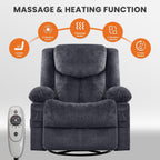 Swivel Recliner Chair for Adults,Oversized Rocker Recliner with Massage and Lumbar Heat,Rocking Chair with Side Pocket,2 Cup Holders,for Living Room