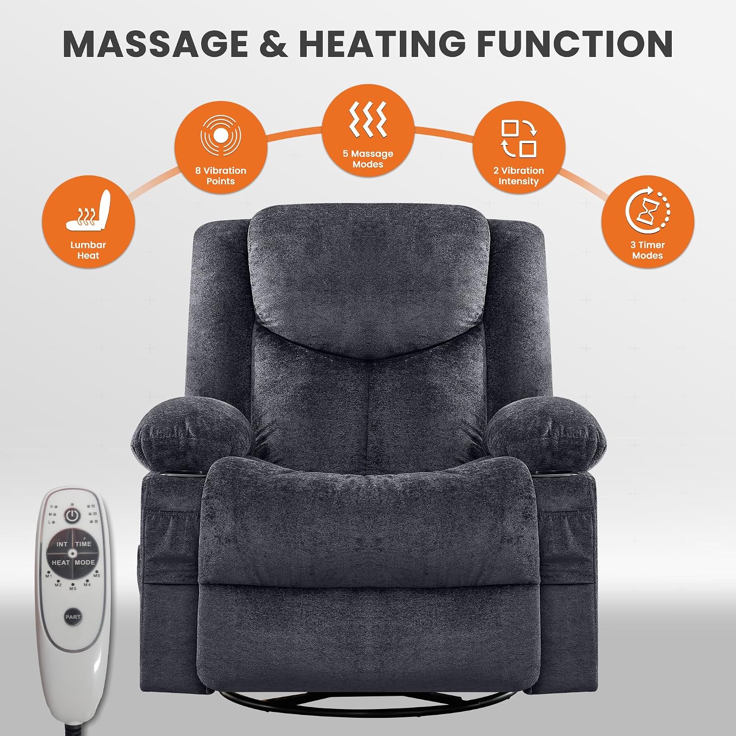 Swivel Recliner Chair for Adults,Oversized Rocker Recliner with Massage and Lumbar Heat,Rocking Chair with Side Pocket,2 Cup Holders,for Living Room