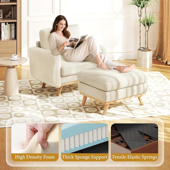 Vesgantti 38.5" Accent Chair with Movable Ottoman, Comfy Corduroy Armchair with Spring Cushion, Reading Chair with Ottoman, Modern Single Sofa for Living Room, Bedroom and Apartment, Beige