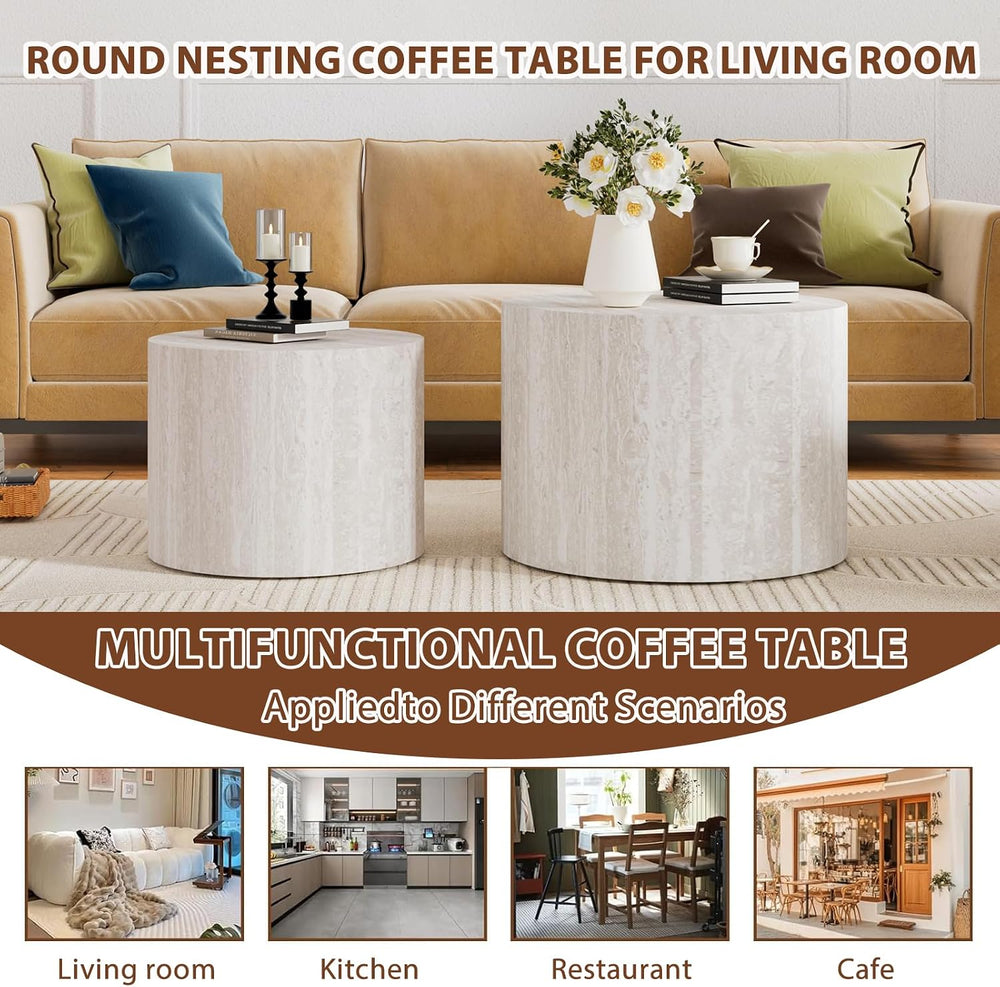 Travertine Round Nesting Coffee Table Set of 2 | Faux Travertine Drum Style W...