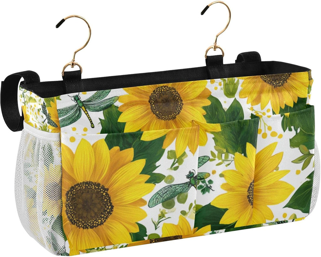 Cute Yellow Sunflowers and Dragonflies Bedside Caddy for Dorm Bed Bedside Hanging Caddy Bag Iron Frame Storage Organizer Pocket for Bunk Home College Hospital Beds 2 Hooks