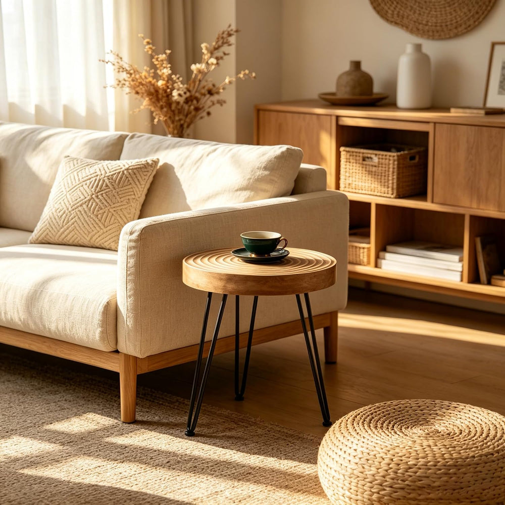 Round Wooden Side Table, 16" Diameter Tall End Table with Grooved Top &a...