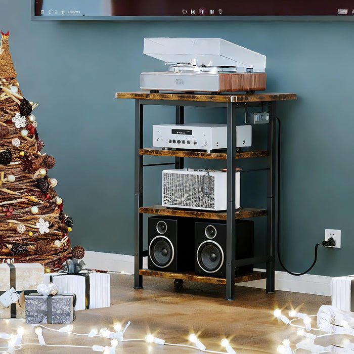 Homeiju 4-Tier AV Media Stand with Power Outlet, Wooden Record Player Stand, Entertainment Center with Storage Shelves, Stereo Stand DVD Stand for Bedroom, Living Room, Brown