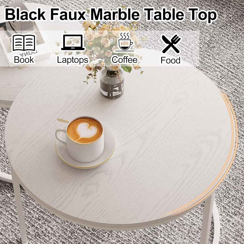 Garden 4 you Nesting Coffee Table, 23.6" Round Coffee Table Set of 2, Wooden Nesting Table Set with Metal Frame, Side Tables for Living Room Bedroom Balcony, White