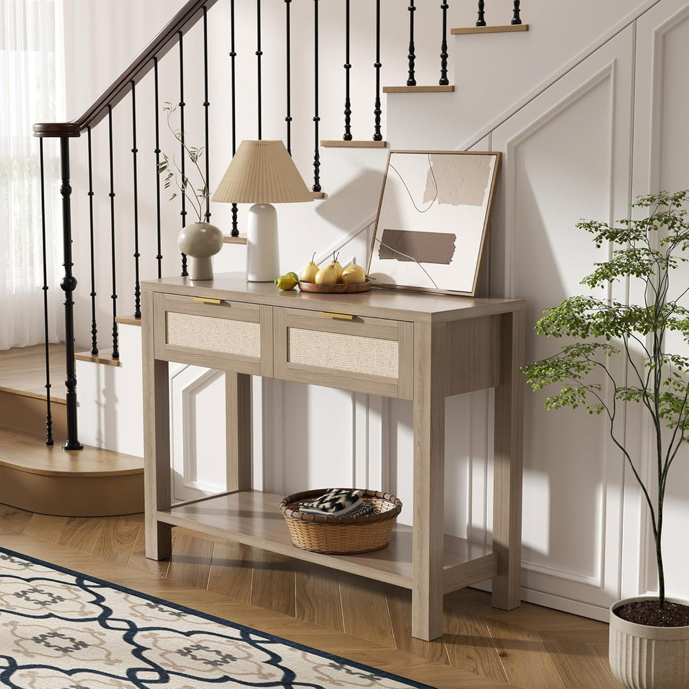 Boho Chic Console Table with 2 Rattan Drawers and Open Shelf Storage, Narrow ...