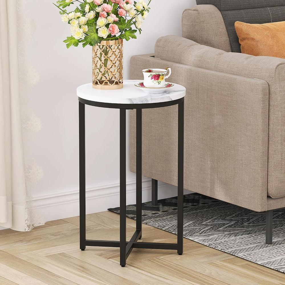 Modern Side Table with Faux Marble MDF Top, Black Metal X-Base, Compact End T...