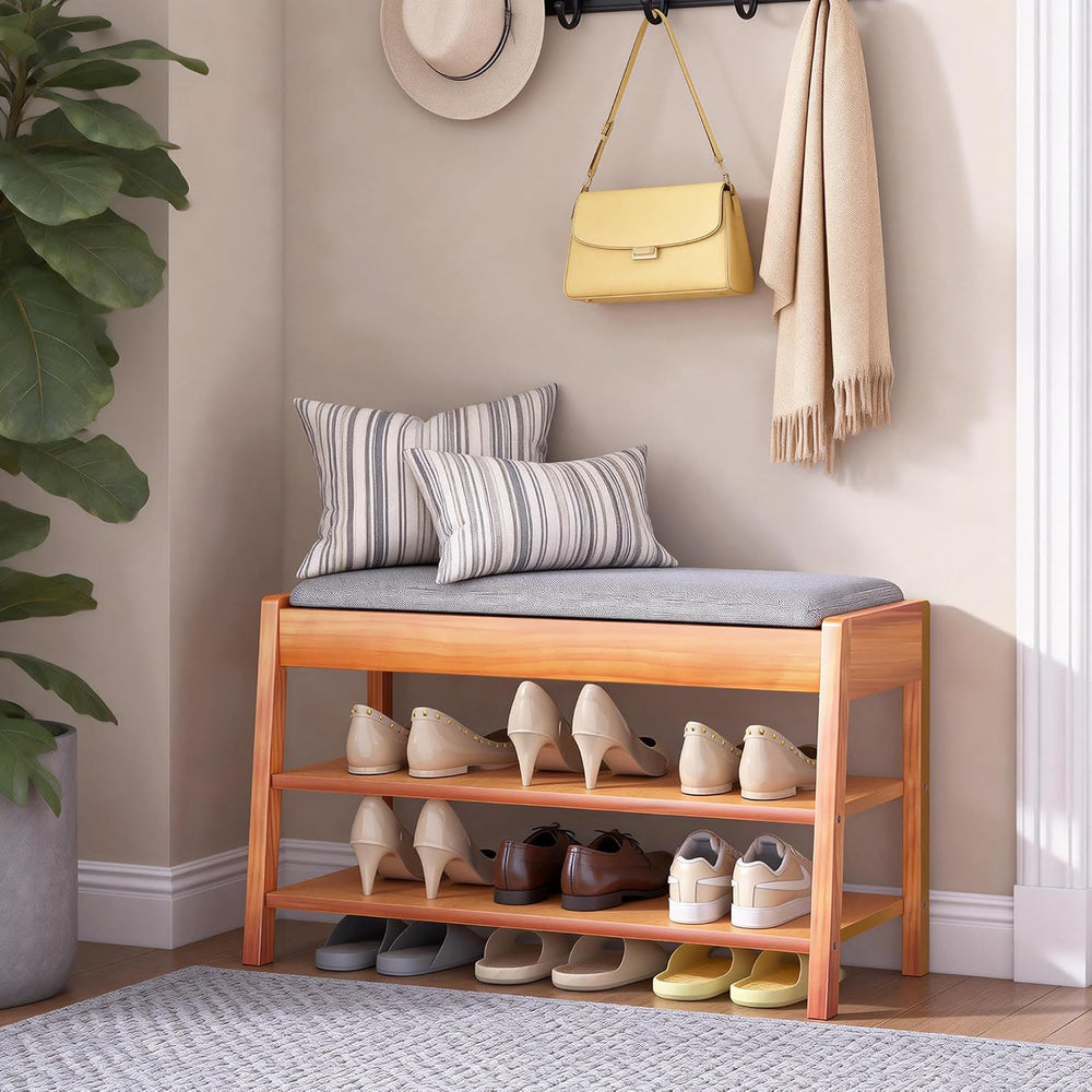 Shoe Rack Bench with Storage, 2-Tier Entryway Bench with Cotton-Linen Cushion...