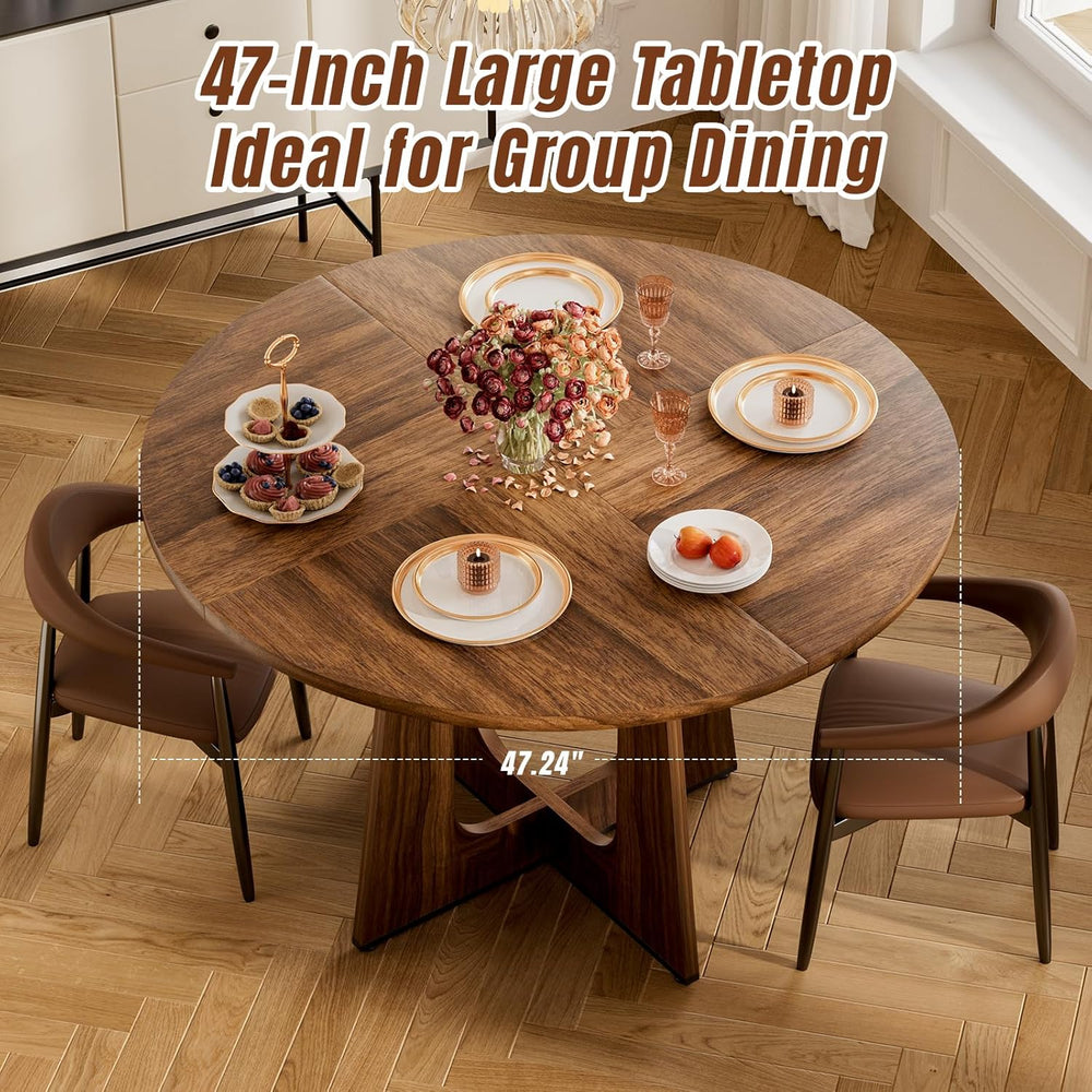 47" Round Dining Table for 4-6, Farmhouse Wood Kitchen Table, Mid-Centur...