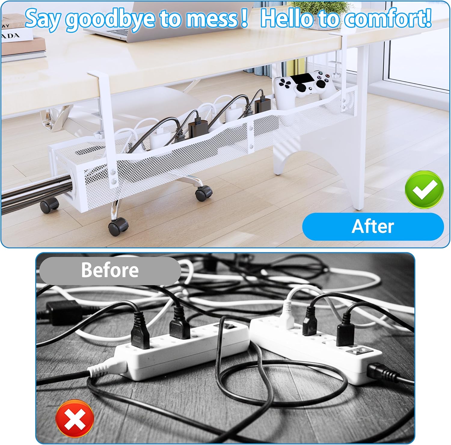 No Drill Under Desk Cable Management Tray, SONATURE 25.3" Cord Organizer for Table, Clamp Mount Desk Cable Management, Premium Carbon Steel Cable Organizer for Office, Home (White)