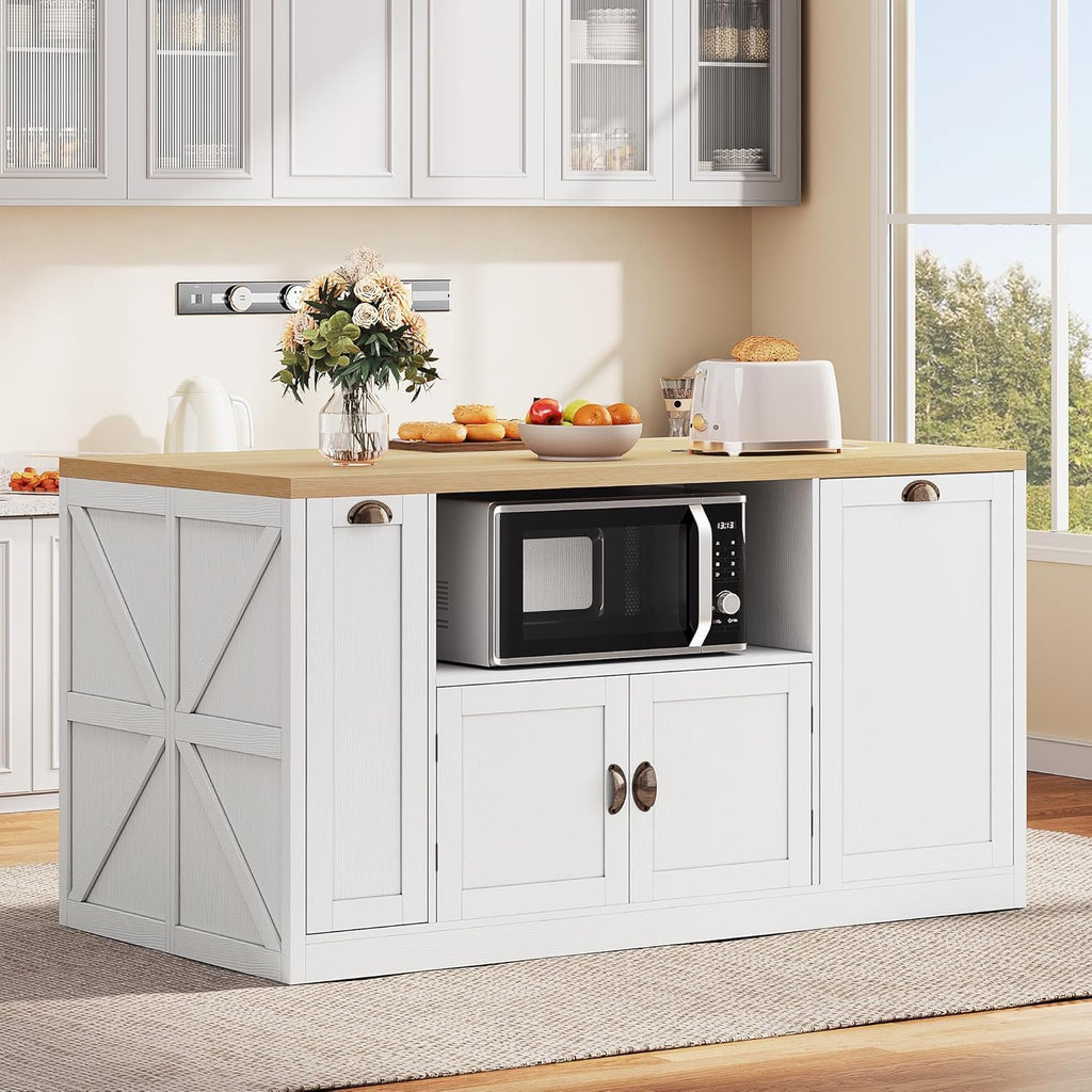 Large Kitchen Island, 63"L Island Table for Kitchen with Trash Bin | & Power Outlet, Farmhouse Kitchen Island on Wheels with Spice Rack & Microwave Cart Storage for Dining Room, Home Bar, White