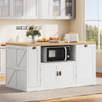 Large Kitchen Island, 63"L Island Table for Kitchen with Trash Bin | & Power Outlet, Farmhouse Kitchen Island on Wheels with Spice Rack & Microwave Cart Storage for Dining Room, Home Bar, White