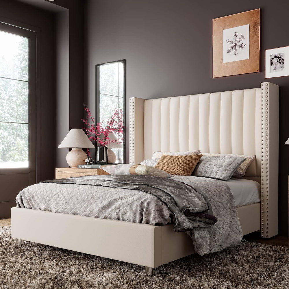 Jocisland Queen Size Bed Frame Velvet Upholstered Wingback Headboard, Cream