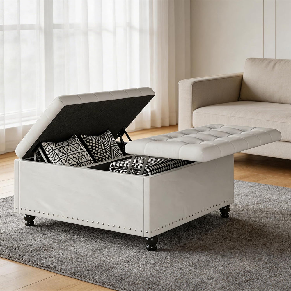 FUXA 35" Large Square Ottoman with Storage and Lift Top, Wood Legs, Beig...