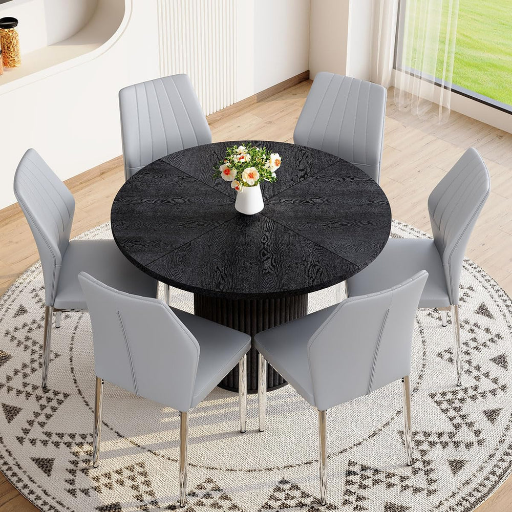 Round Dining Table Set for 6, Black Kitchen Table Set for 6 with 42''...
