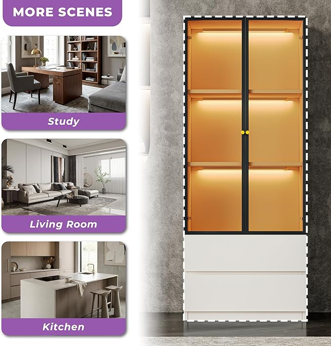 Modern White Lighted Glass Display Cabinet with Two Drawers, Dining China Hutch with 3 Tiers Storage Shelves, Wooden Curio Display Showcase for Living Room Kitchen (A-23'' Glass Cabinet)