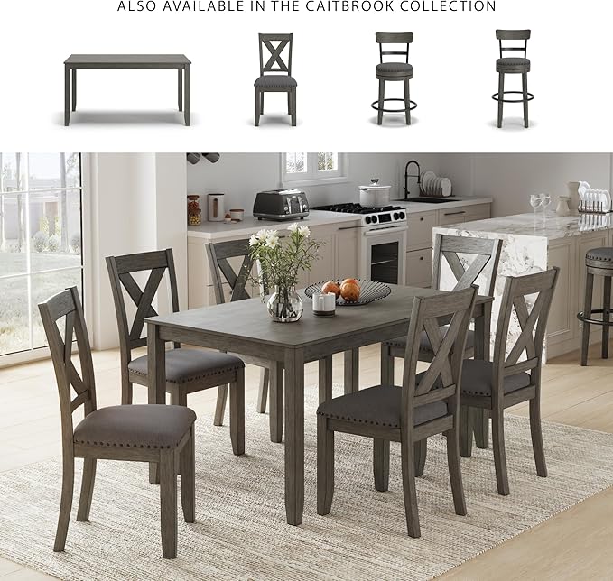 Signature Design by Ashley Caitbrook Rustic 7-Piece Dining Set – Rectangular Table with 6 X-Back Upholstered Chairs, Gray
