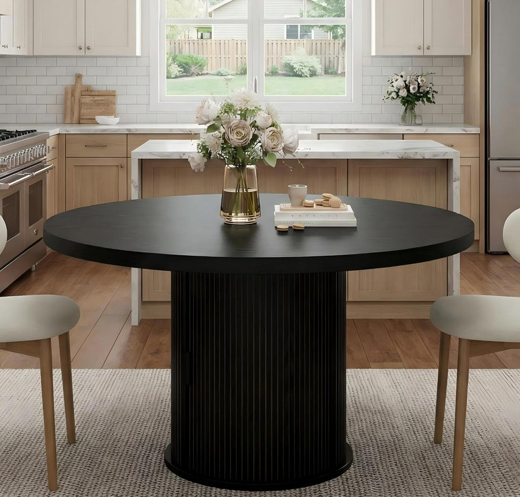 IDEALHOUSE 47" Round Dining Table for 4-6, Modern Farmhouse Kitchen Table | Wooden Accent Furniture with 2-Layer Storage Shelf & Drawer, Circle Dining Tables with Fluted Pedestal Base, Black